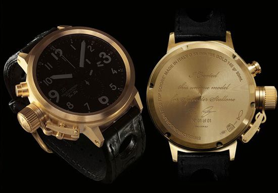 Золотые часы U-BOAT Flightdeck 50 CA 18K с крупной заводной головкой специально изготовлены и персонифицированны для Сталлоне 
